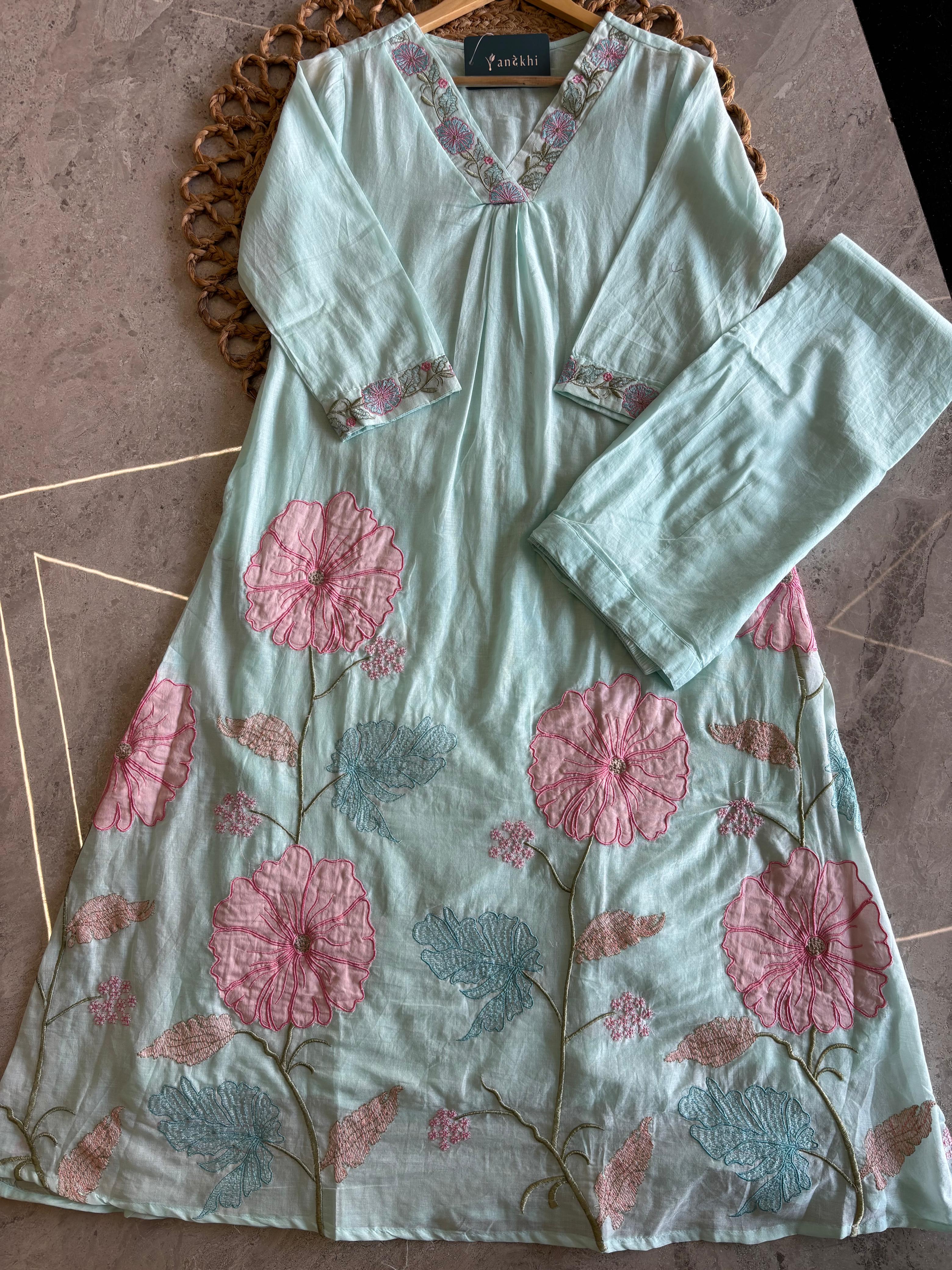 A3930- Mul cotton suit embroidered A-lign Kurti with Pants & Dupatta.
