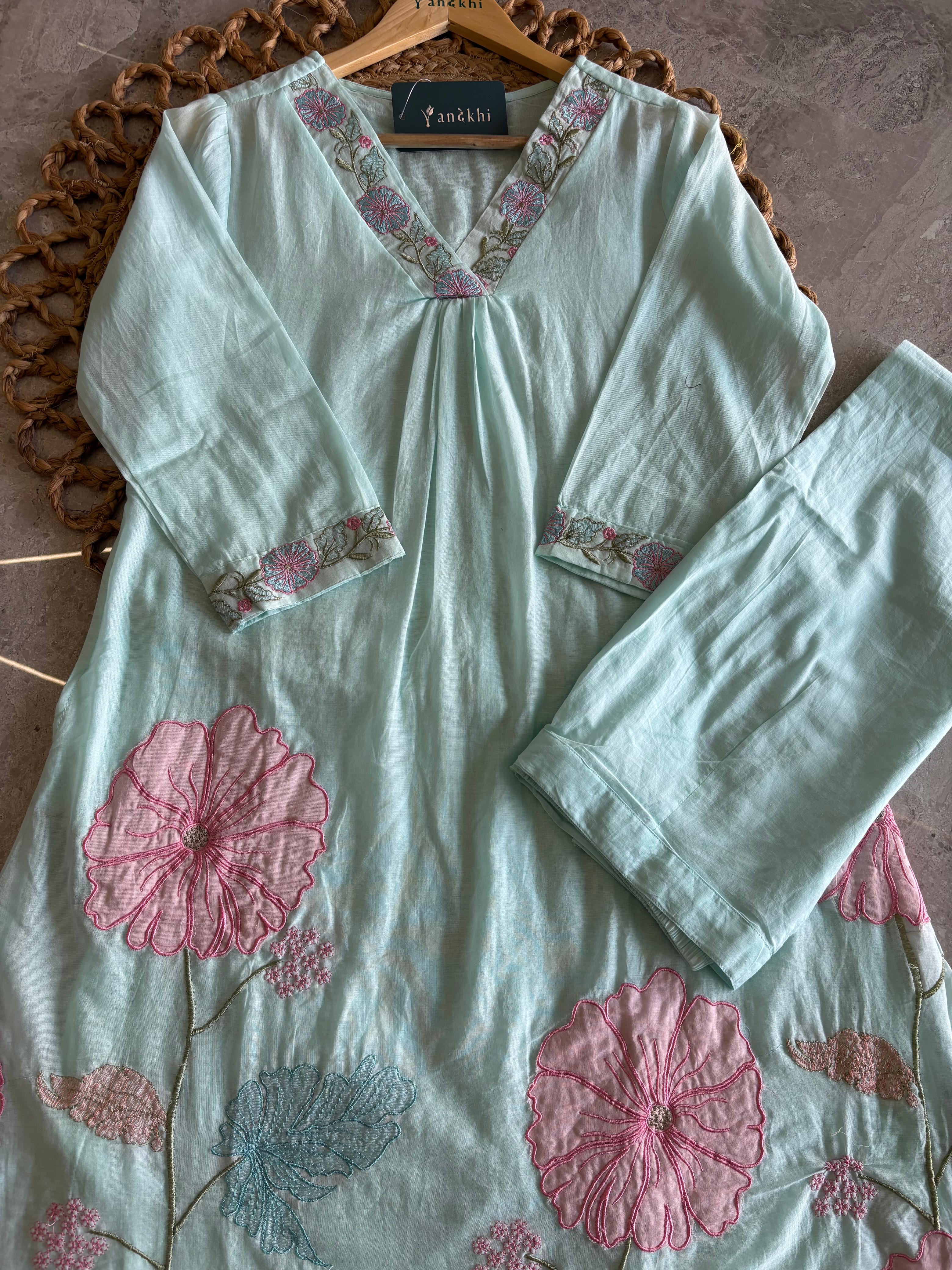 A3930- Mul cotton suit embroidered A-lign Kurti with Pants & Dupatta.