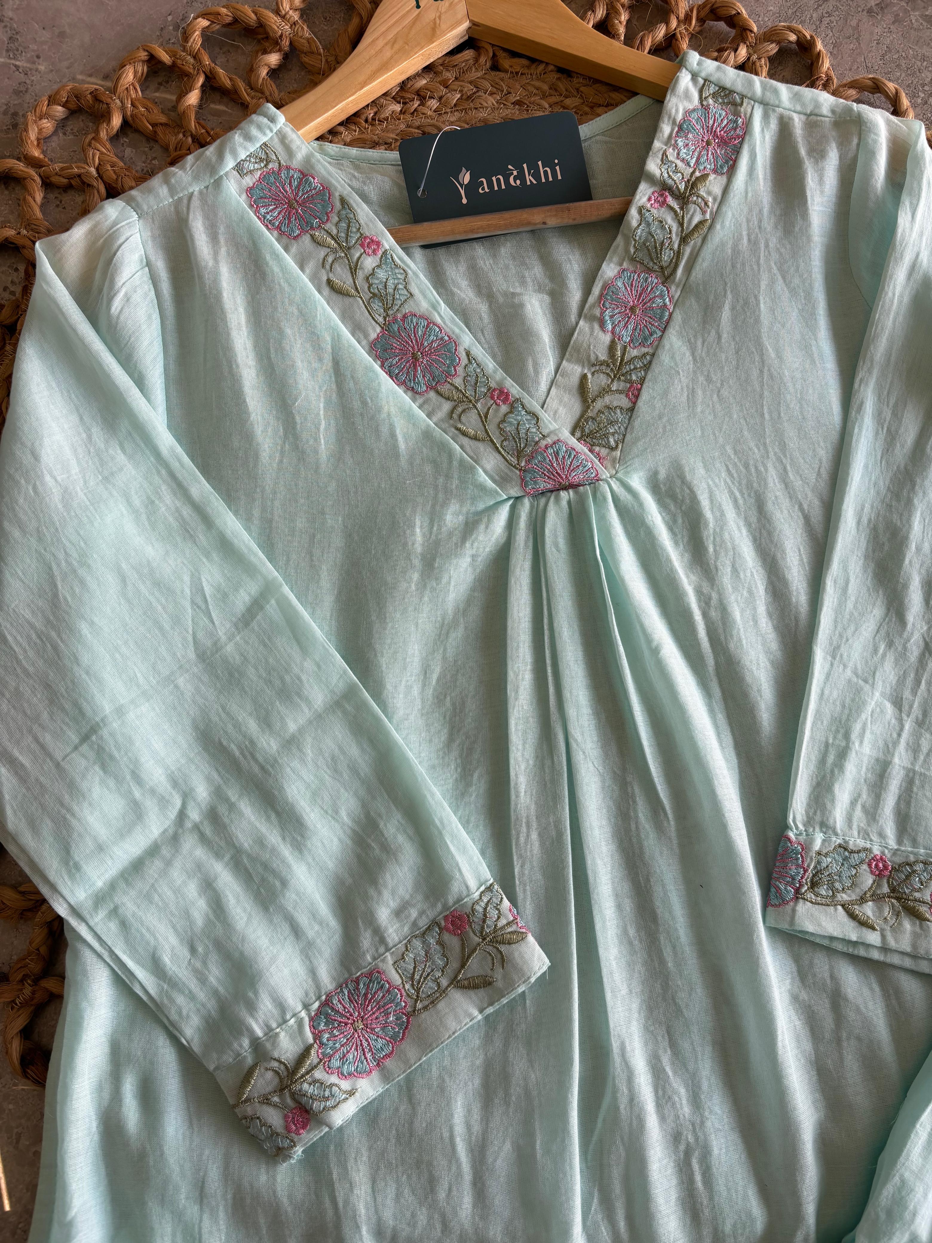A3930- Mul cotton suit embroidered A-lign Kurti with Pants & Dupatta.