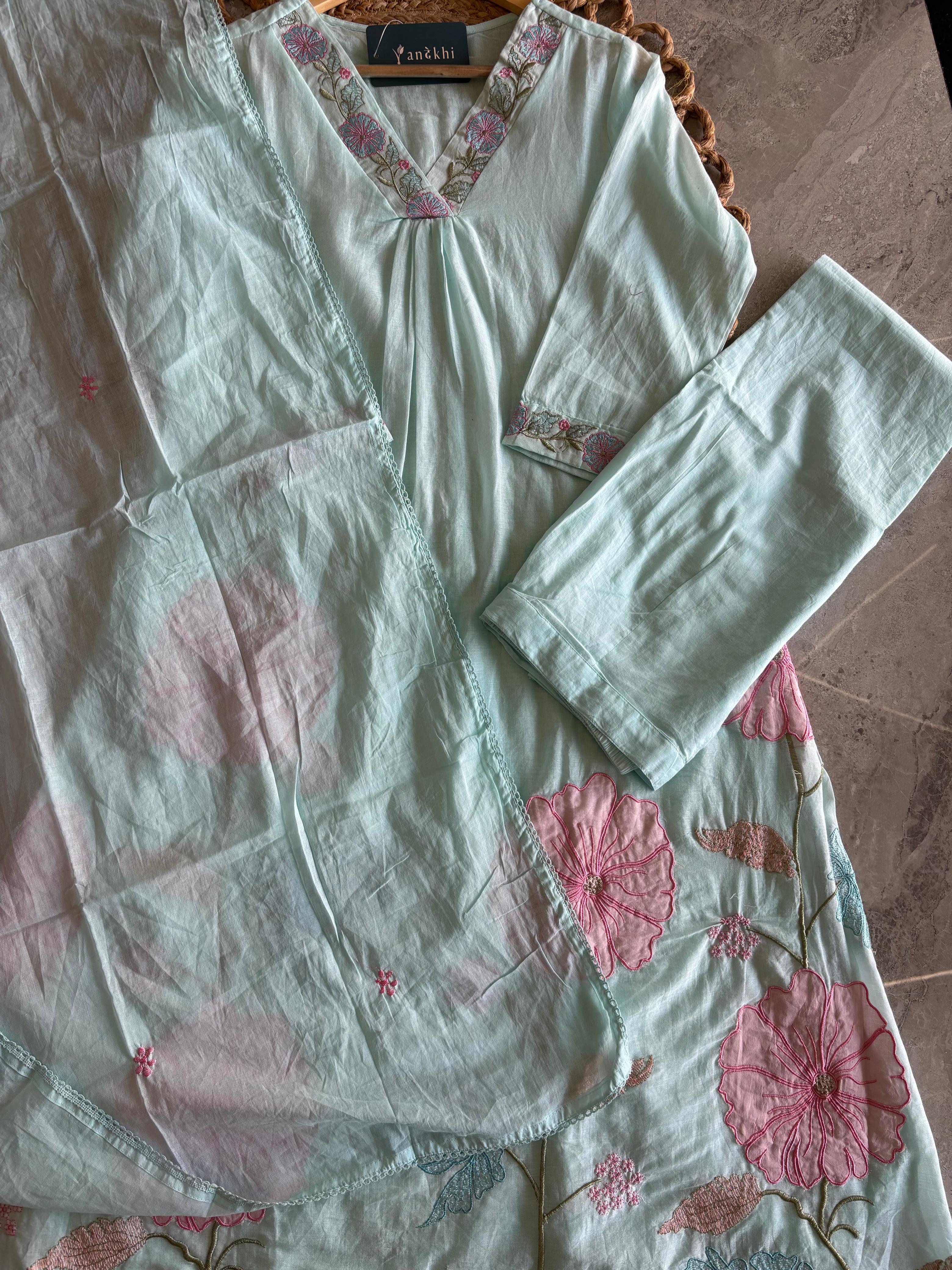 A3930- Mul cotton suit embroidered A-lign Kurti with Pants & Dupatta.