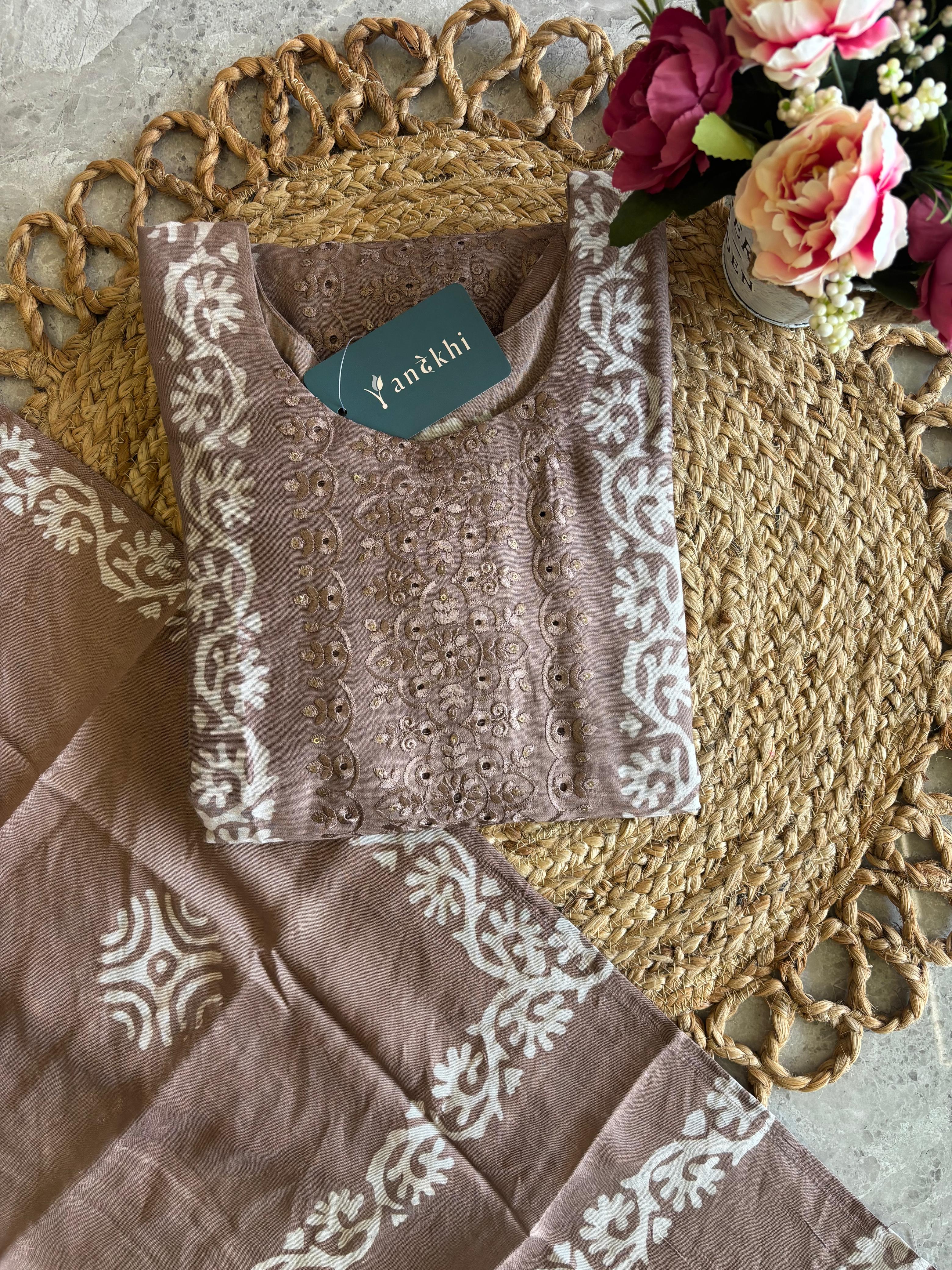 A2835 - Cotton Silk Kurti with Batik Print & Embroidery with Pants & Dupatta.