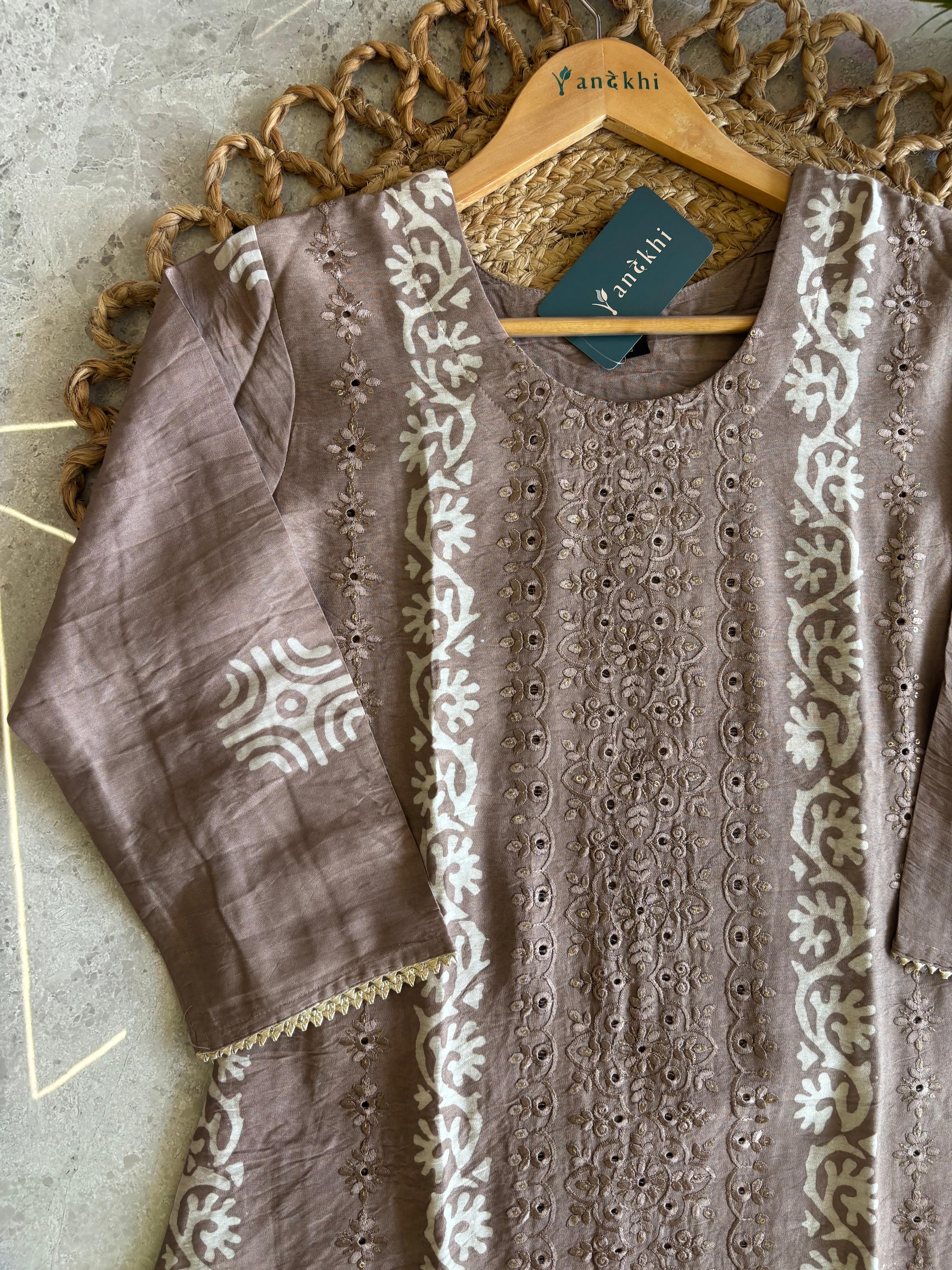 A2835 - Cotton Silk Kurti with Batik Print & Embroidery with Pants & Dupatta.