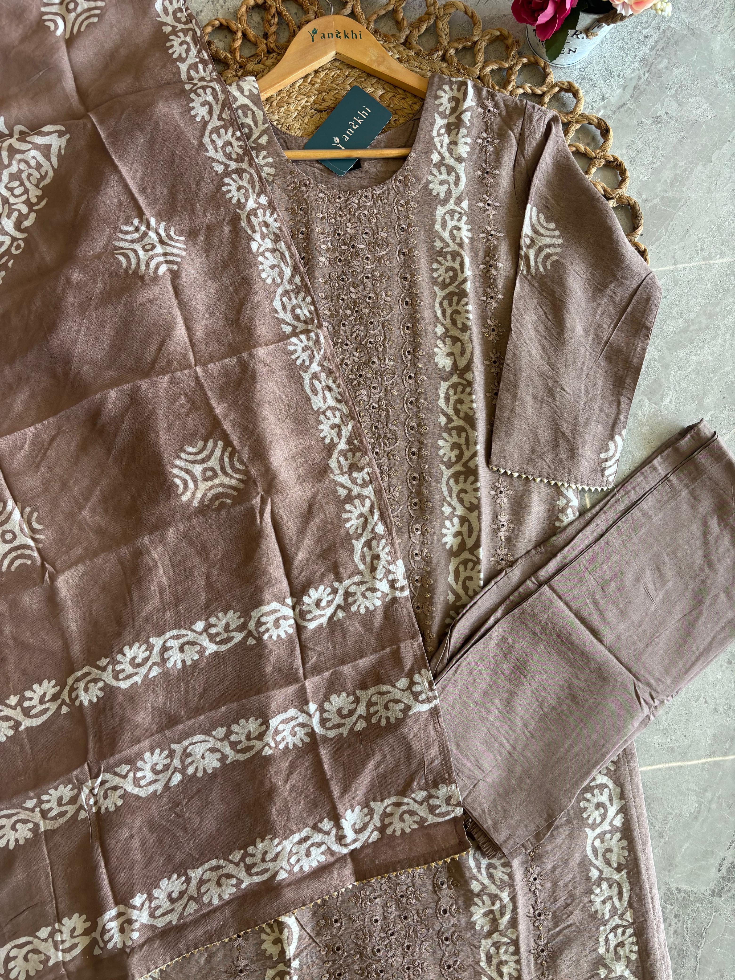 A2835 - Cotton Silk Kurti with Batik Print & Embroidery with Pants & Dupatta.