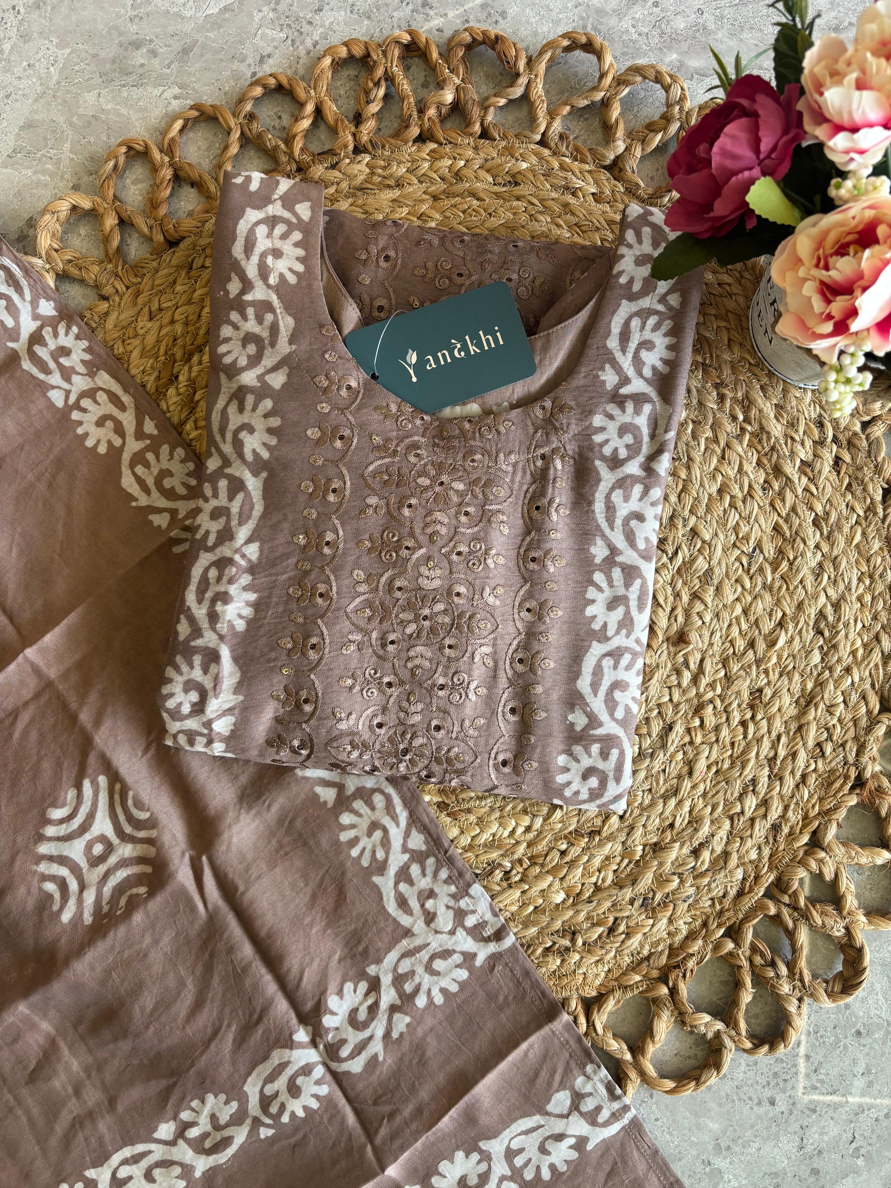 A2835 - Cotton Silk Kurti with Batik Print & Embroidery with Pants & Dupatta.