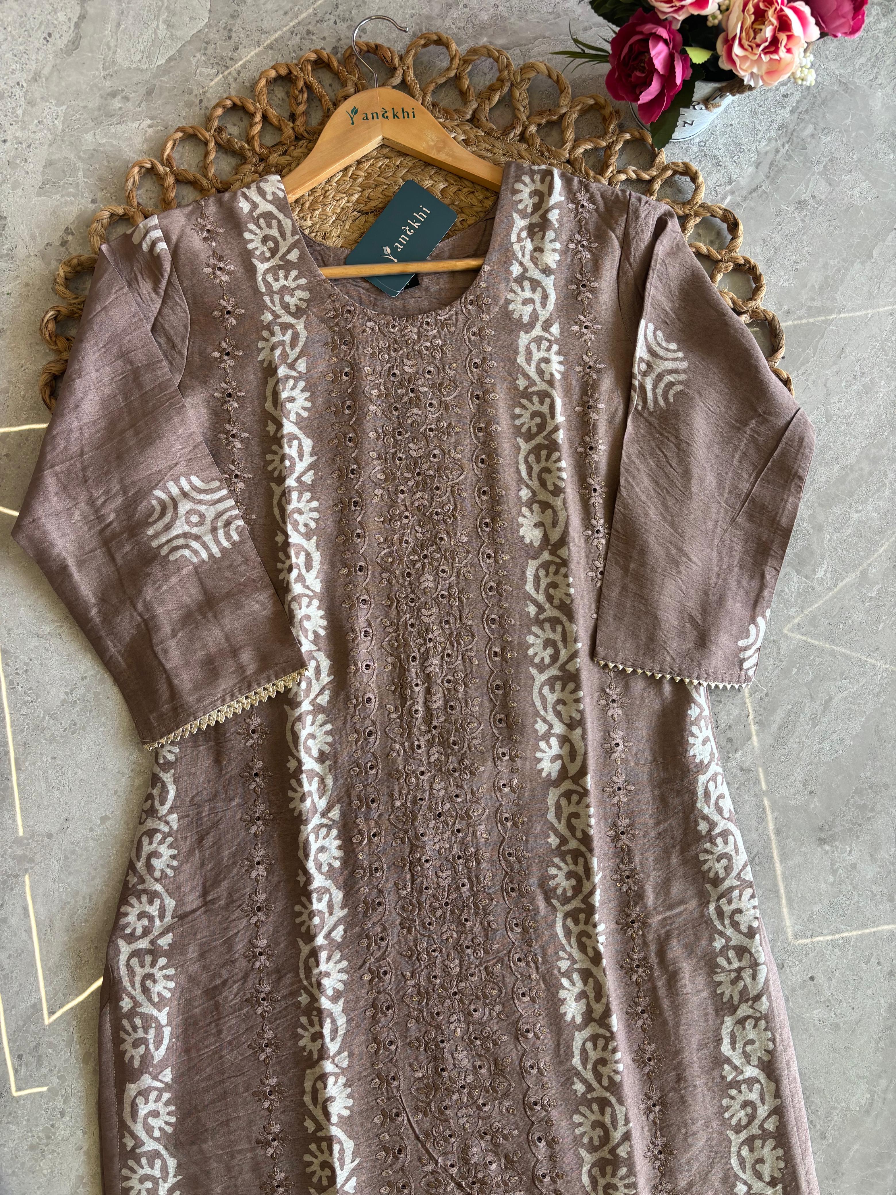 A2835 - Cotton Silk Kurti with Batik Print & Embroidery with Pants & Dupatta.