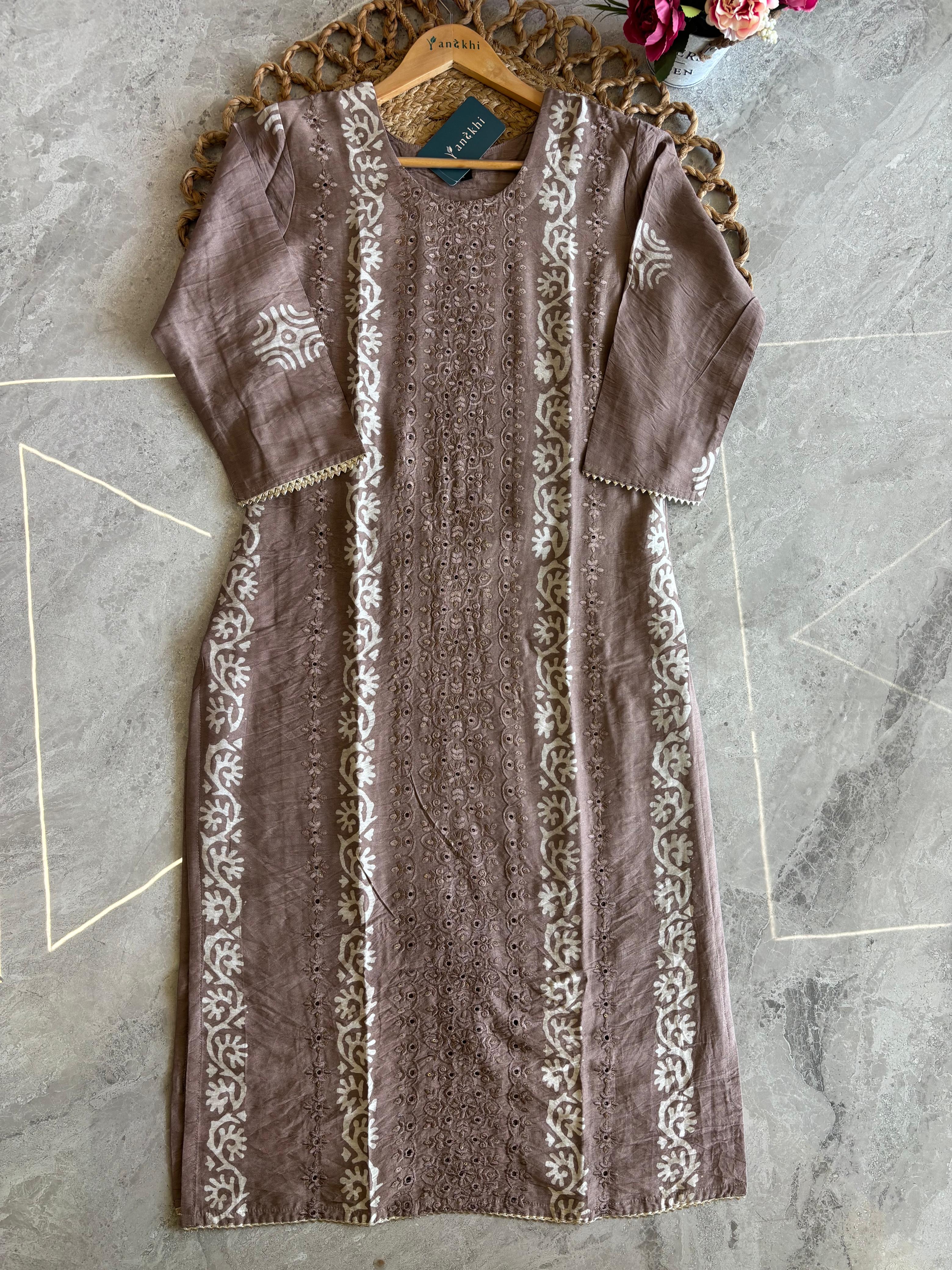 A2835 - Cotton Silk Kurti with Batik Print & Embroidery with Pants & Dupatta.