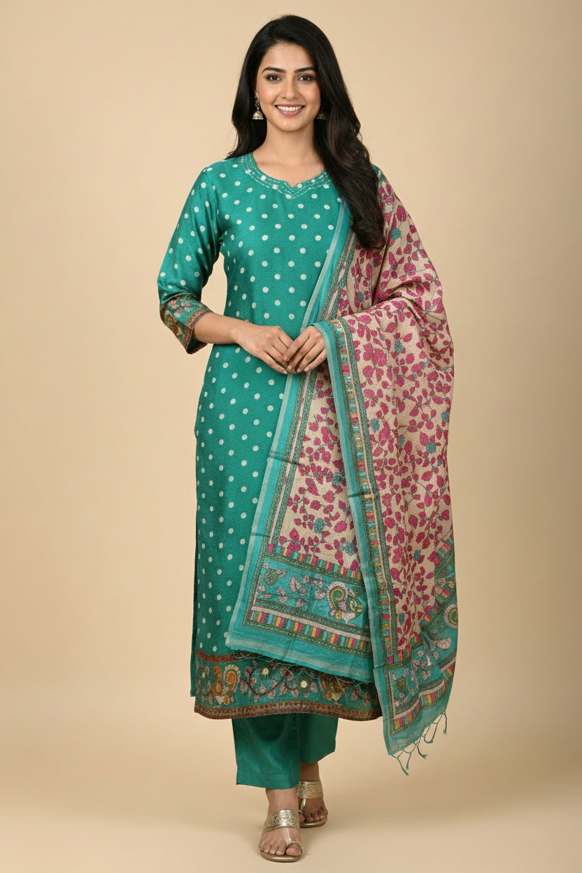 A6206- Chanderi Silk Suit featuring a vibrant polka-dotted Kurta with traditional Printed border, paired with Pants